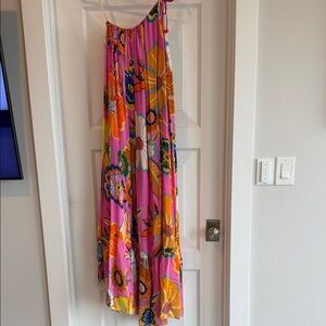 Farm Rio One Shoulder Bright Pink Floral Maxi Dress